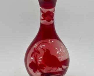 antique Bohemian ruby red glass vase W Cameo Bird