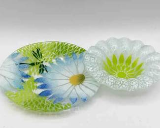 (2) Floral Art Glass Dishes