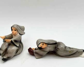 (2) vintage Napco ceramic nun playing baseball,
