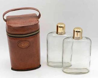 (2) Glass Flasks With Leather Carrying Case