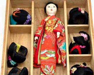 Katsuraningyo Japanese Doll Six Wigs Toy Wood Box