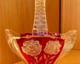 Ruby Red vintage Anna Hutte German 24% lead crystal handled basket W Sticker