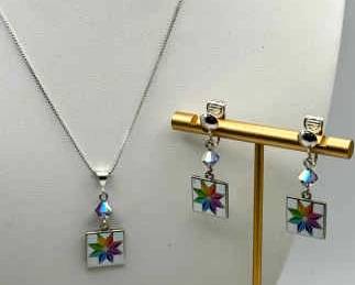 Sterling Silver Necklace W Rainbow Charm & Unstamped Earrings