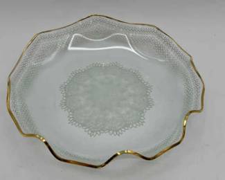 Dish With Doily Pattern And Gold Trim