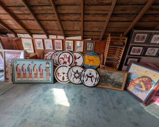 Art studio with hundreds of art pieces that included handmade benches, each with their own painted design that includes a story behind the design origin, drawings, paintings, wall hangers, and so much more.