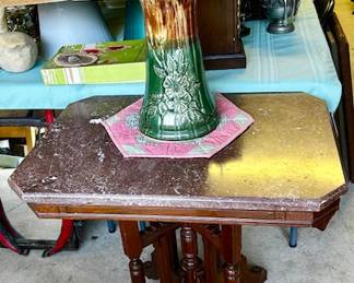 1940's RRP Roseville Dogwood Pattern, No.421 Jardiniere & pedestal, antique parlor table with marble top 