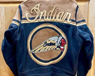 Vintage Indian leather motorcycle jacket (like new, worn very little), guessing women's size large (view is back of jacket)