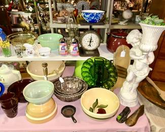 Stoneware bowls, Watt apple bowls, amber & Jadeite bowls, antique kitchen scale, Mar-crest nest of 2 bowls & 2 mugs, Hall teapot, ceramic girl with planter, etc.