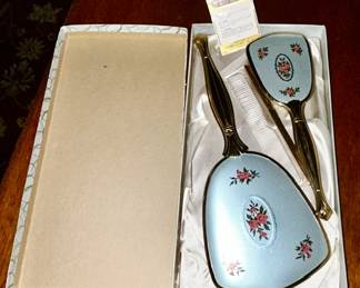 New old stock dresser set (mirror, comb, brush) in original box