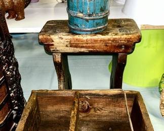 Primitive wooden advertising box, primitive wooden stool & small bucket