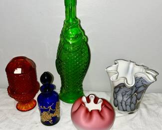 Vintage Viking Glass Red Diamond Point Fairy Lamp, cobalt blue genie bottle, Antinori Italian green glass fish bottle, Mt. Washington pink case glass rose bowl vase, ruffled top decorative vase
