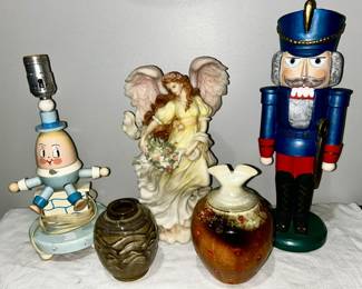 Vintage wooden Humpty Dumpty lamp, Seraphim angel, ceramic nut cracker, signed pottery 