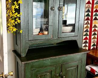 Primitive 2 piece cabinet with green paint