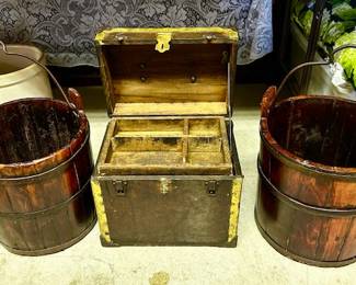 Antique wooden buckets, wooden tool chest with tray