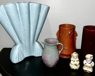 Art Pottery, Red Wing gladiola vase, Roseville Roseville Teasel Red 1938 Art Deco vase, Haeger burgundy vase, Muncie pottery pitcher, Shawnee  S & P shakers