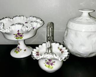 Fenton Handpainted 'Violets in the Snow' Silvercrest Milk Glass compote and basket, Bryce El Rancho Milk Glass Candy Box with Lid
