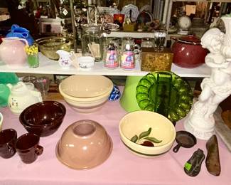 Kitchen collectibles, butter churn, Marcrest bowl & mugs, Watt apple bowl, green glass egg plate, Hall teapot, ceramic girl with planter, etc.
