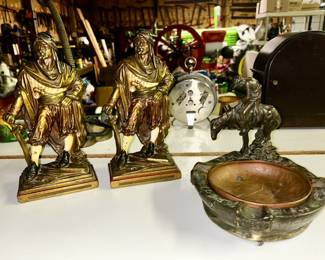 Antique Armor Bronze Pair bookends and End of the Trail ashtray with copper liner