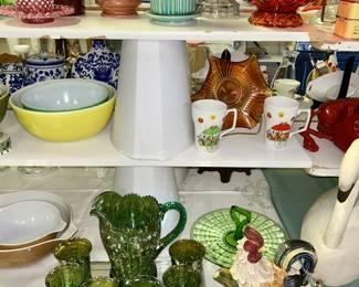 Fenton cranberry opalescent mayonnaise bowl/plate, Haeger, Roseville, McCoy pottery, large vintage Amberina glass bowl, carnival glass bowl, pitcher/glass set, green glass sandwich plate, misc. chickens, etc.