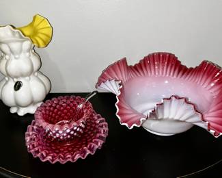  Kanawha Ruffled White Beaded Melon Vase, Fenton cranberry opalescent relish bowl/plate and ladle, Victorian Ruffled Glass Bride's Basket Bowl