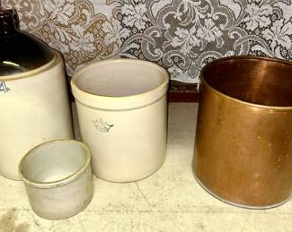 4 gallon jug, 3 gallon crock, butter crock, copper pail with 2 handles