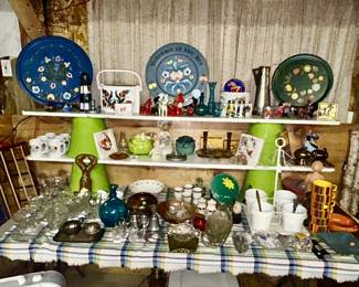 Hand painted Scandinavian wooden plates, lunch box, animals, ceramic Scandinavian coffee cups, misc. glass & collectibles 