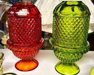 Viking Red/Amberina and green diamond point Fairy Lamps