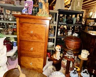 Large oval breast bowl, Vintage three drawer chest, firkins, stoneware spitoons, figurines, wooden spools, etc.