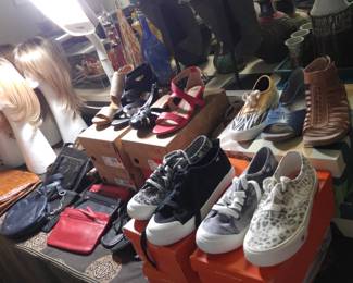 over 40 pr shoes, billabong, rocketdog, earth, sofft, wigs,vintage purses, new pruses