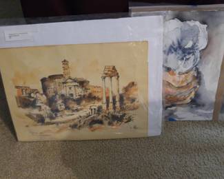 Jim Estey water color and vintage ink wash Italian scene