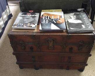 Antique trunk from Eden Vermont- owned by decendents of President J.Q. Adams- family heirloom. books, Marilyn Monroe, Rock, misc