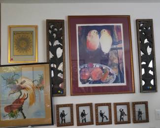 Jim Estey framed print, framed batik, hand carved wall mirrors 1995