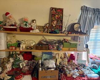 Christmas, sewing and craft items, wood spools, sewing boxes, clock, 