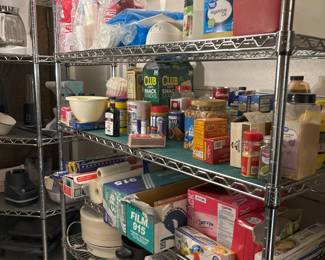 rolling shelves, groceries and kitchen supplies
