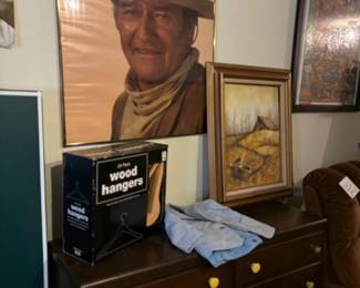 John Wayne poster, wood hangers, child suit,