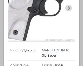 Rare handgun, Sig Sauer with engraving, night sights, and mother of pearl handle.