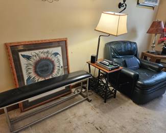 Leather chair and metal and leather bench