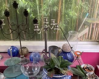 Candelabra, tiered platter and plant pots