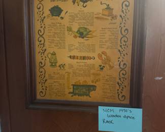 MCM 1970’s wooden spice rack with labeled bottles 