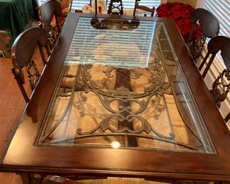 Glass iron and wood dining table with 6 chairs