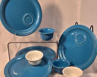 FIESTA 8PC Set Four Snack Welled Plates Four Bouillon Bowls White and Peacock.