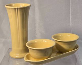 FIESTA 4PC Set Relish Tray, Two Bouillon Bowls Small Flared Vase, Ivory.