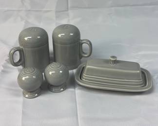 FIESTA 5 PC Set Small Large Salt Pepper Shakers Butter Dish with Lid Pearl Grey
