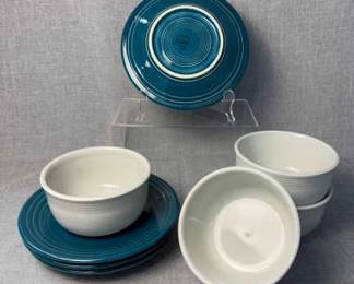 FIESTA 8PC Set Gusto Bowls Classic Rim Luncheon Plates Pearl Grey Juniper