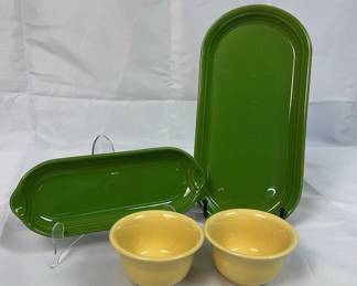FIESTA 4 PC Set Relish Tray, Oblong Serving Platter Bouillon Bowls Shamrock Green PaleYellow