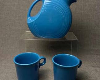 FIESTA 3PC Set Large Disk Pitcher 2 Classic Ring Handle Mugs Peacock