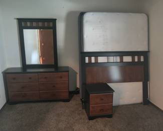 $145 TOTAL-PRICED INDIVIDUALLY AT $50 DRESSER AND MIRROR, $20 NIGHT STAND, $25 HEADBOARD, $50 MATTRESS AND BOX SPRING