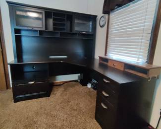 BLACK L - SHAPED DESK WITH HUTCH AND FILE CABINET ATTACHED $50....PRESALE ITEM AVAILABLE