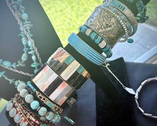 Real and faux turquoise jewelry. Barse, Leekity, Zuni, Navajo, needlepoint / petit point, Blue Copper, Sleeping Beauty
Also, amethyst, fire opal, rhodolite garnet, black opal, white topaz, sterling silver