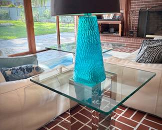 Modern glass and chrome square coffee table and matching end table